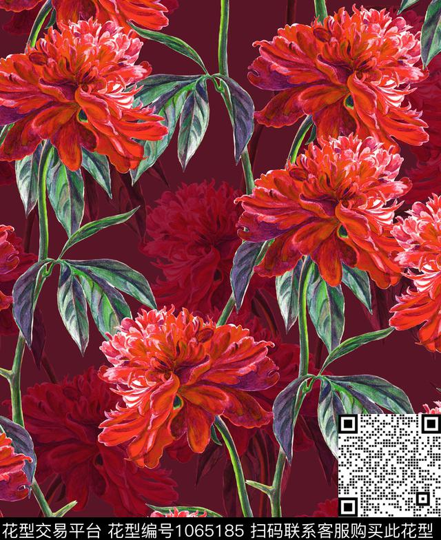 手绘花卉浓郁色彩时尚花卉数码印花华亿平台下载（图片编号: 1065185） - 瓦栏（Walan）