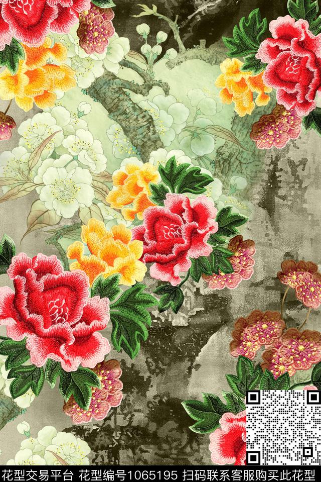 中国风写意底纹绣花花卉数码印花华亿平台下载（图片编号: 1065195） - 瓦栏（Walan）