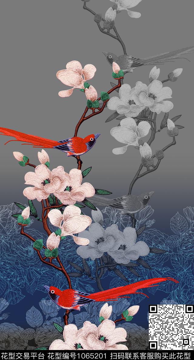花鸟渐变底纹时尚绣花数码印花华亿平台下载（图片编号: 1065201） - 瓦栏（Walan）