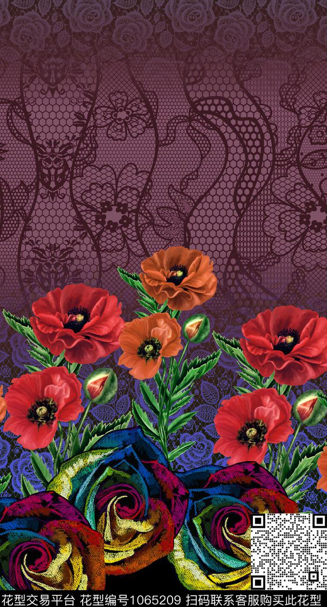蕾丝底纹创意花卉时尚定位数码印花华亿平台下载（图片编号: 1065209） - 瓦栏（Walan）