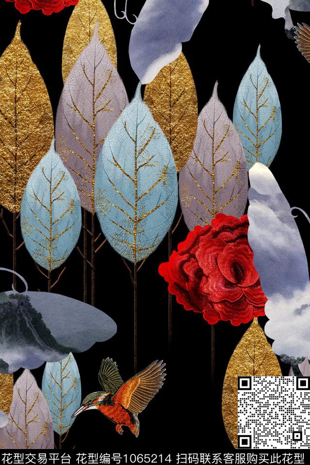 绣花花鸟金箔树叶云雾蝴蝶数码印花华亿平台下载（图片编号: 1065214） - 瓦栏（Walan）