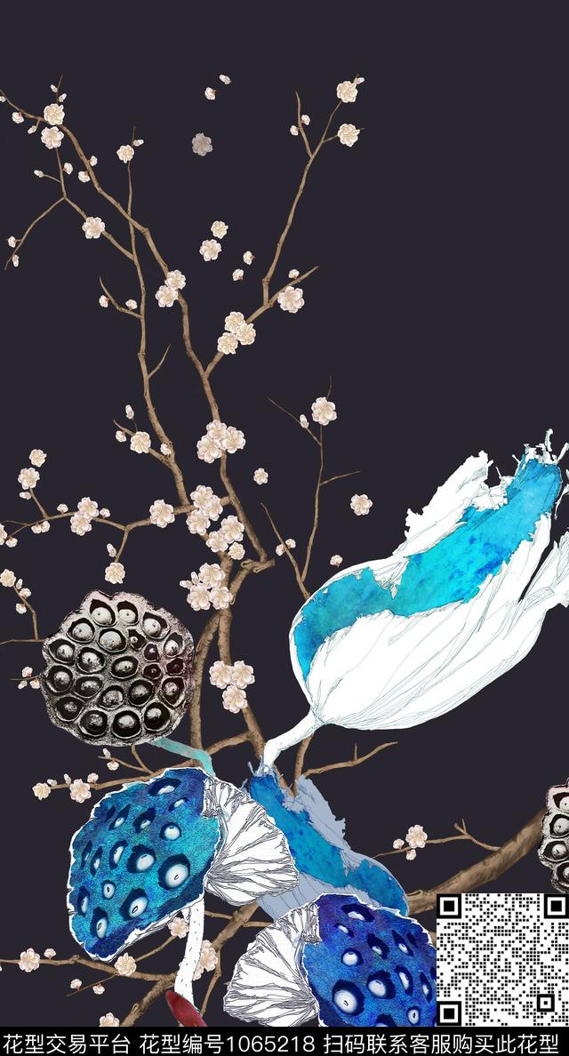 荷花新中国风手绘花枝数码印花华亿平台下载（图片编号: 1065218） - 瓦栏（Walan）