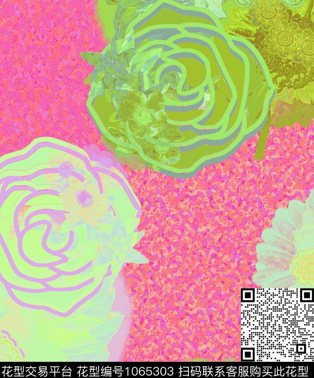 条纹抽象花卉数码印花华亿平台下载（图片编号: 1065303） - 瓦栏（Walan）