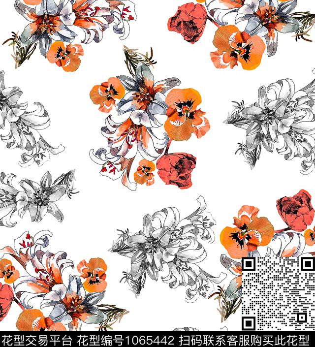 手绘花卉时尚花水彩花卉数码印花华亿平台下载（图片编号: 1065442） - 瓦栏（Walan）