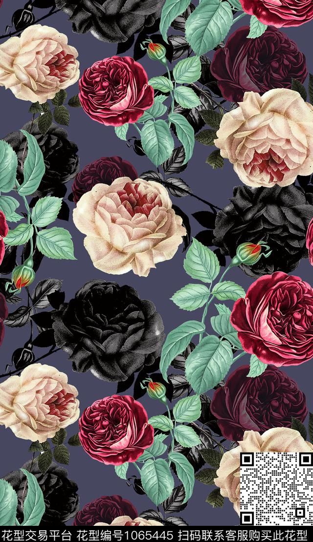 手绘玫瑰红玫瑰白玫瑰数码印花华亿平台下载（图片编号: 1065445） - 瓦栏（Walan）