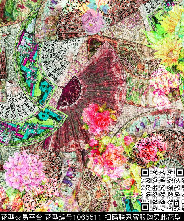 扇子手绘花卉破旧数码印花华亿平台下载（图片编号: 1065511） - 瓦栏（Walan）