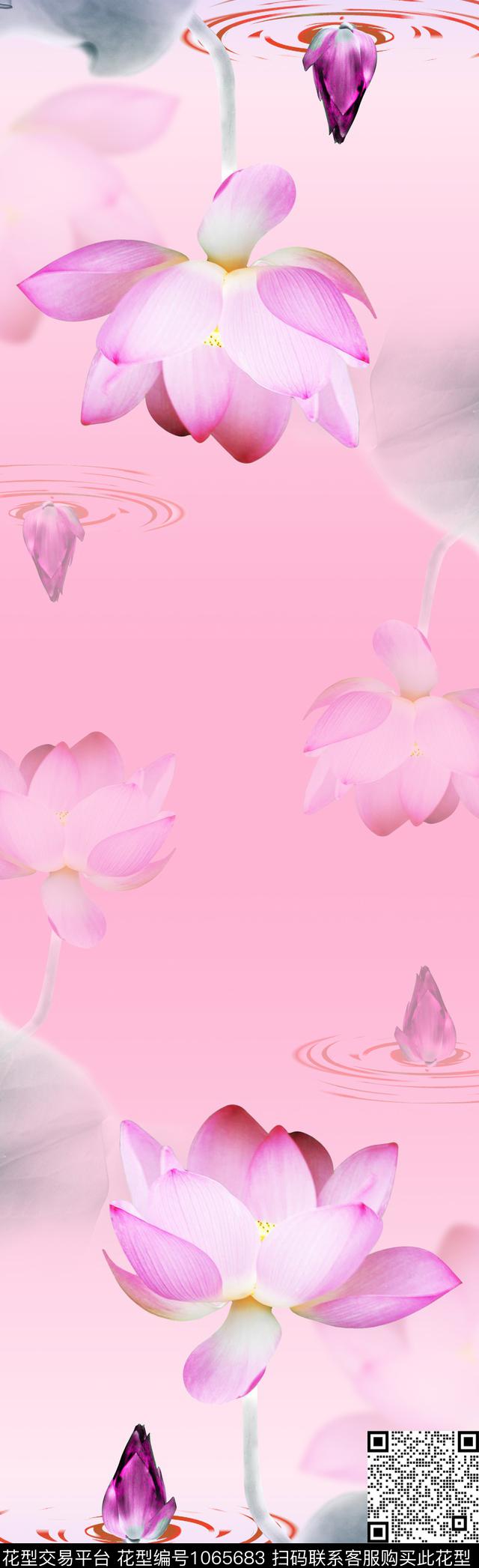围巾荷花写意数码印花华亿平台下载（图片编号: 1065683） - 瓦栏（Walan）