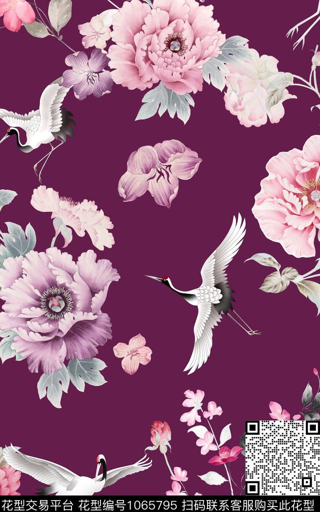 仙鹤花卉中国风传统印花华亿平台下载（图片编号: 1065795） - 瓦栏（Walan）