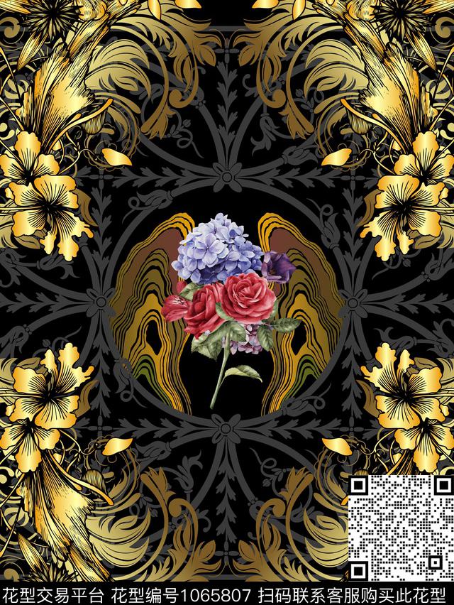 古典花纹花卉对称花数码印花华亿平台下载（图片编号: 1065807） - 瓦栏（Walan）