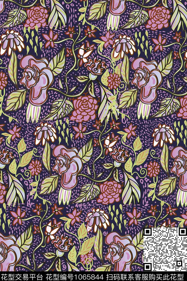 数码华亿平台抽象花卉玫瑰花数码印花华亿平台下载（图片编号: 1065844） - 瓦栏（Walan）