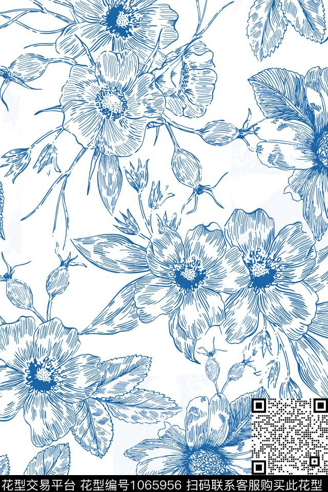 线条花卉美丽淑女数码印花华亿平台下载（图片编号: 1065956） - 瓦栏（Walan）