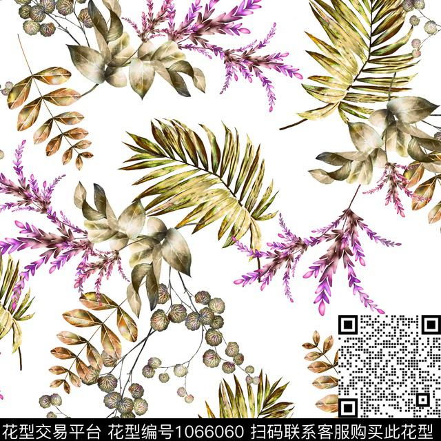 手绘花卉满版散花手绘叶子数码印花华亿平台下载（图片编号: 1066060） - 瓦栏（Walan）