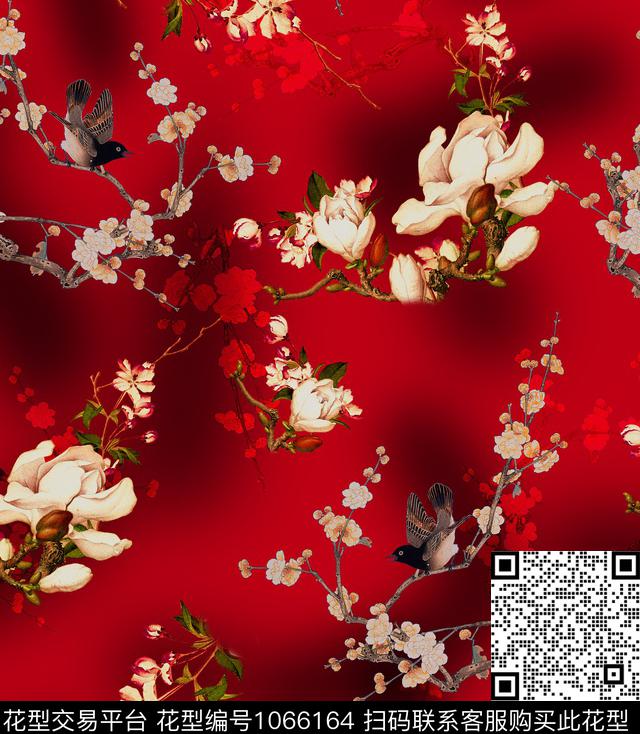 梅花玉兰花香云纱数码印花华亿平台下载（图片编号: 1066164） - 瓦栏（Walan）