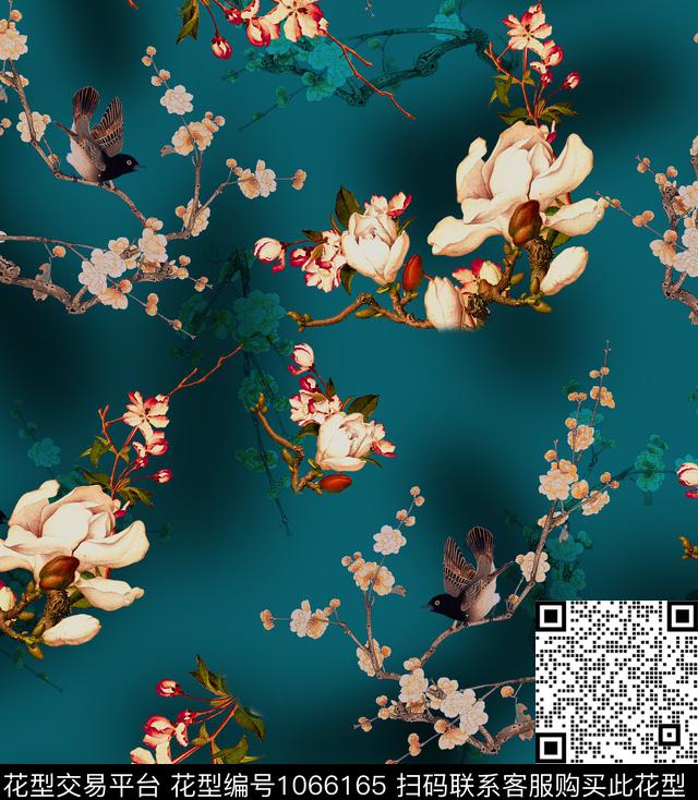 梅花玉兰花香云纱数码印花华亿平台下载（图片编号: 1066165） - 瓦栏（Walan）