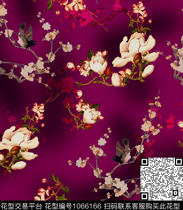 梅花玉兰花香云纱数码印花华亿平台下载（图片编号: 1066166） - 瓦栏（Walan）