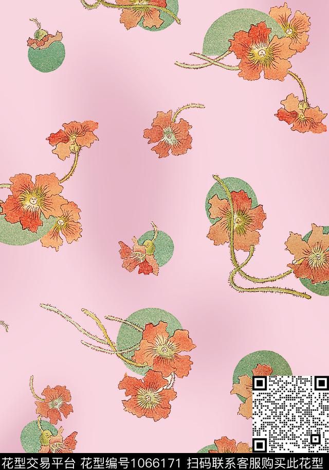 圆形花卉几何数码印花华亿平台下载（图片编号: 1066171） - 瓦栏（Walan）