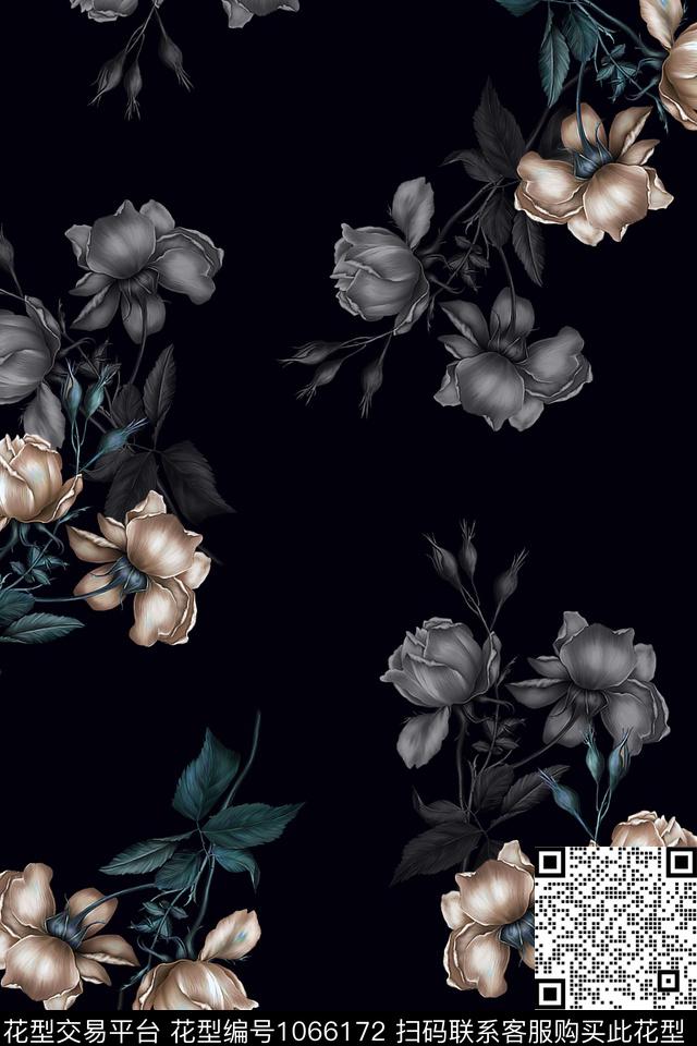 数码华亿平台潮牌黑底花卉数码印花华亿平台下载（图片编号: 1066172） - 瓦栏（Walan）