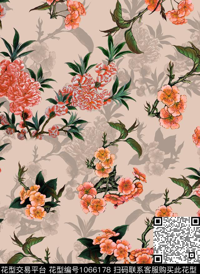 香云纱花卉桃花数码印花华亿平台下载（图片编号: 1066178） - 瓦栏（Walan）