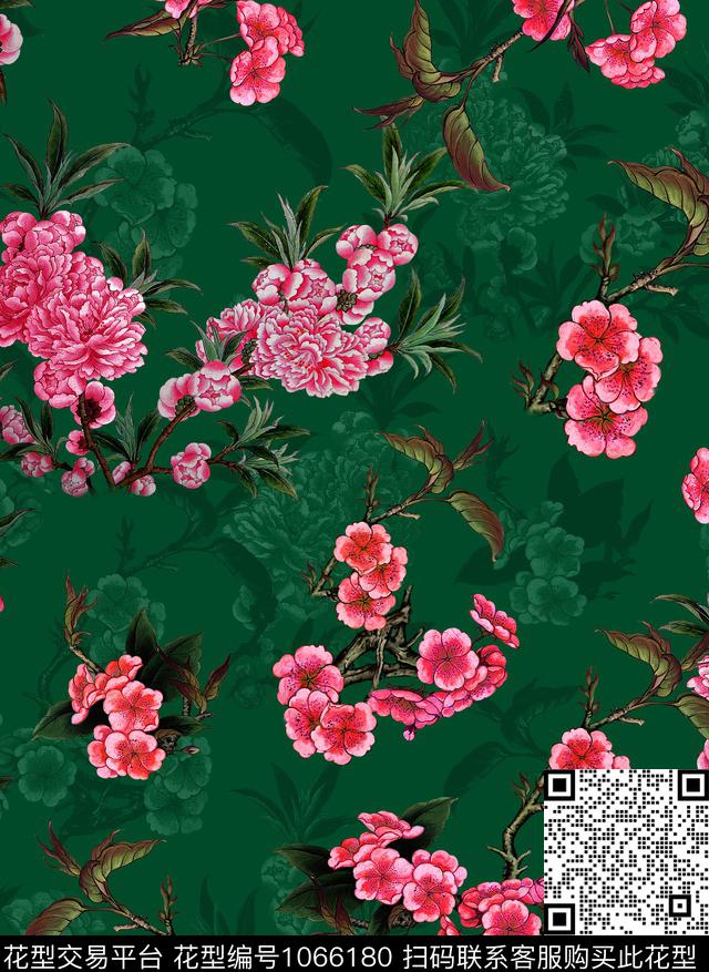 香云纱花卉桃花数码印花华亿平台下载（图片编号: 1066180） - 瓦栏（Walan）