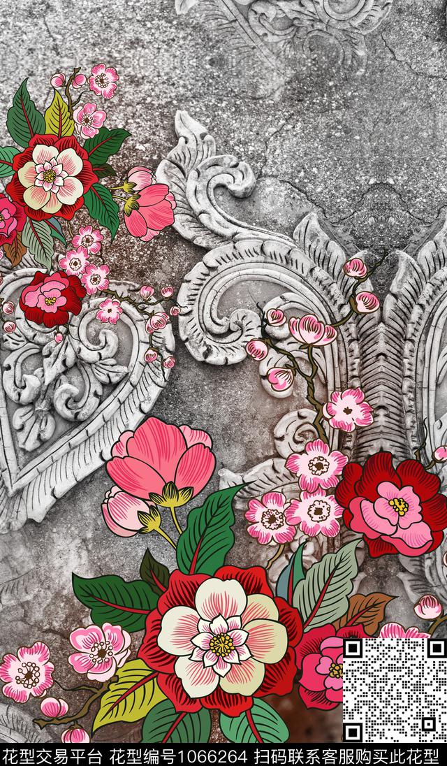 定位花复古卷草数码印花华亿平台下载（图片编号: 1066264） - 瓦栏（Walan）