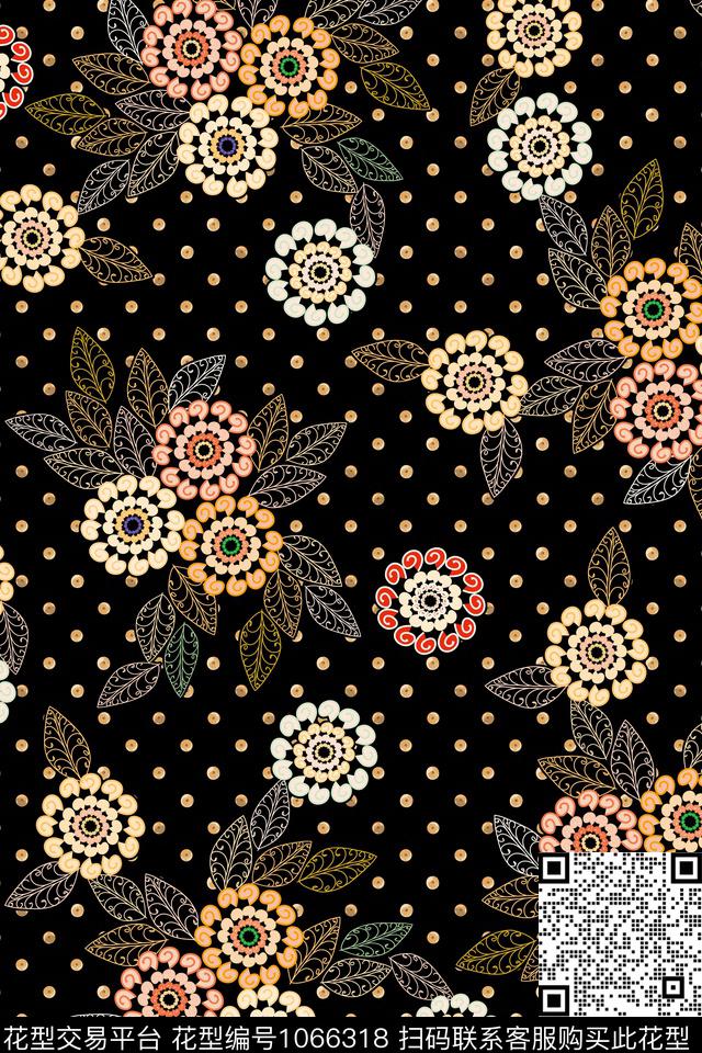 波点抽象花卉民族风数码印花华亿平台下载（图片编号: 1066318） - 瓦栏（Walan）