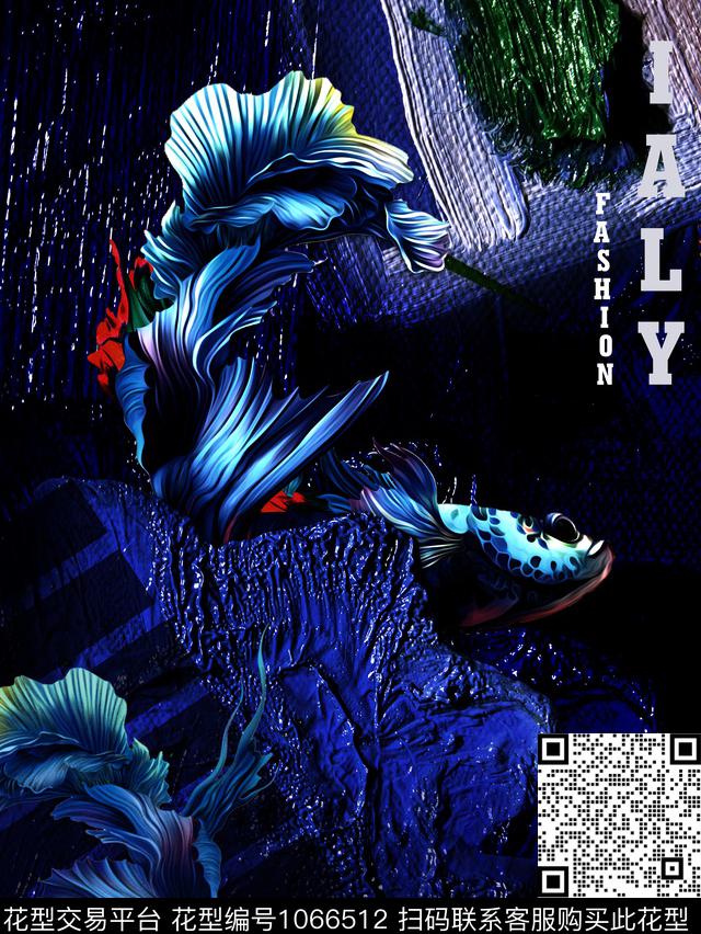 蓝色鱼油画肌理数码印花华亿平台下载（图片编号: 1066512） - 瓦栏（Walan）