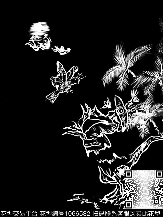 黑白华亿平台棕榈树动物数码印花华亿平台下载（图片编号: 1066582） - 瓦栏（Walan）