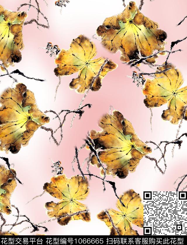 水墨风中国风荷花数码印花华亿平台下载（图片编号: 1066665） - 瓦栏（Walan）