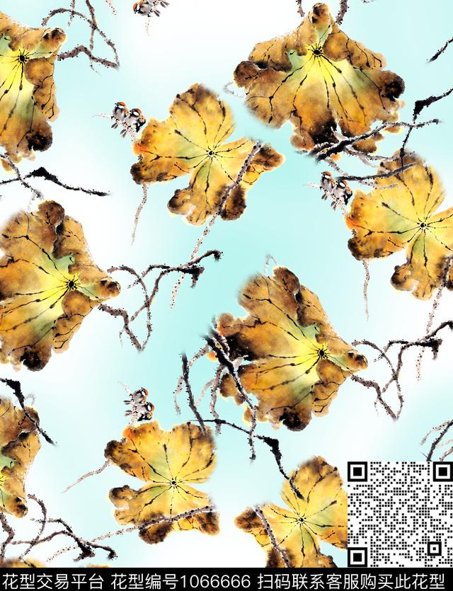 水墨风中国风荷花数码印花华亿平台下载（图片编号: 1066666） - 瓦栏（Walan）