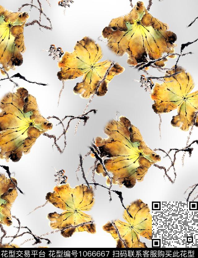 水墨风中国风荷花数码印花华亿平台下载（图片编号: 1066667） - 瓦栏（Walan）