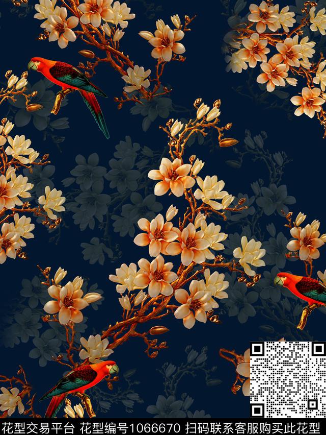 鸟玉兰花香云纱数码印花华亿平台下载（图片编号: 1066670） - 瓦栏（Walan）