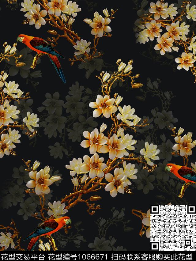 鸟玉兰花香云纱数码印花华亿平台下载（图片编号: 1066671） - 瓦栏（Walan）