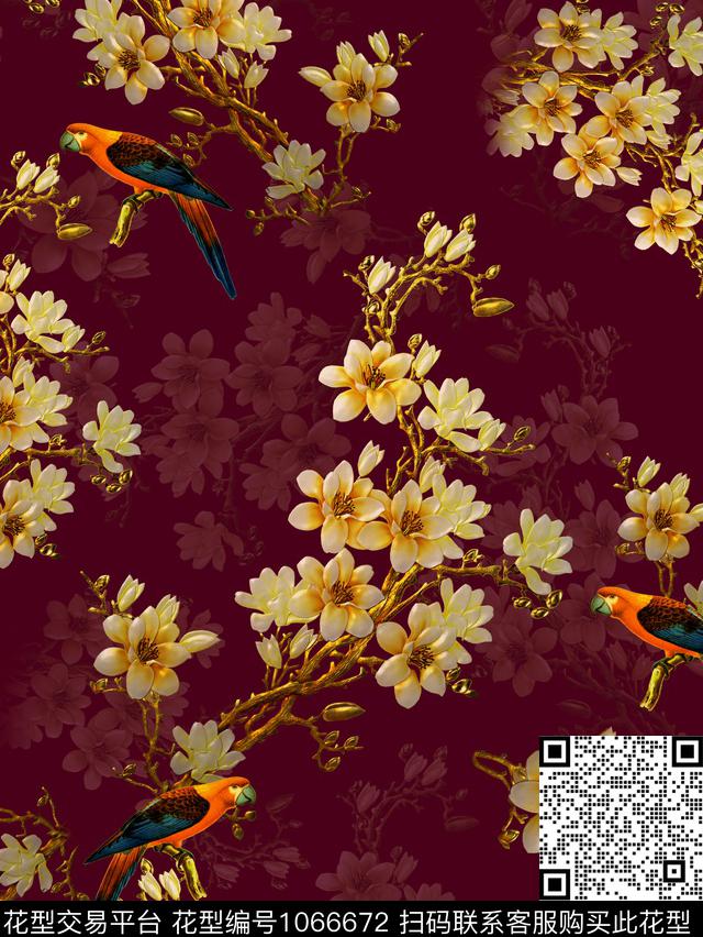 鸟玉兰花香云纱数码印花华亿平台下载（图片编号: 1066672） - 瓦栏（Walan）