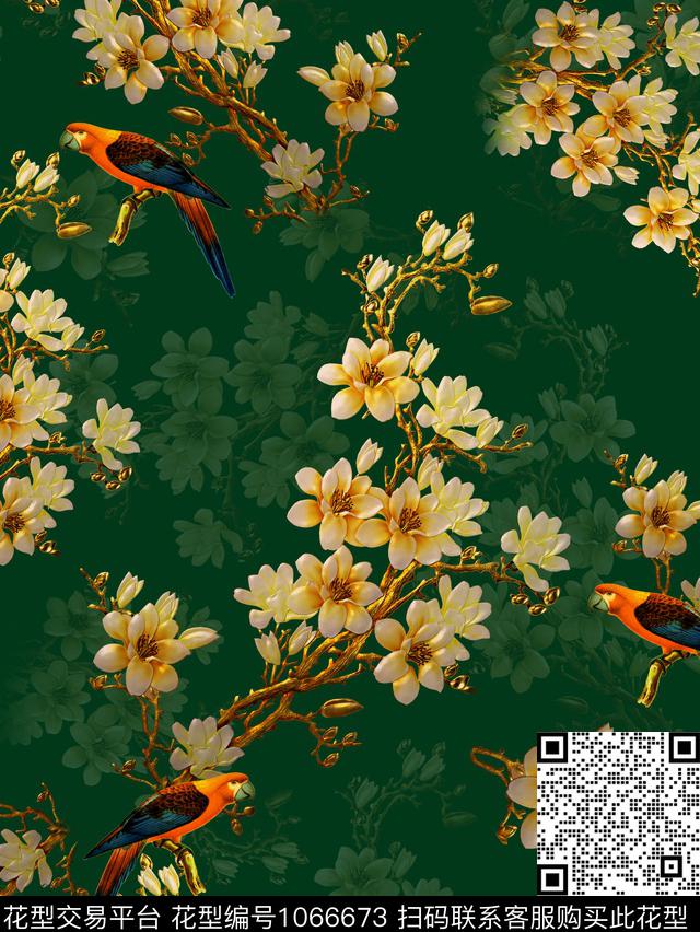 鸟玉兰花香云纱数码印花华亿平台下载（图片编号: 1066673） - 瓦栏（Walan）
