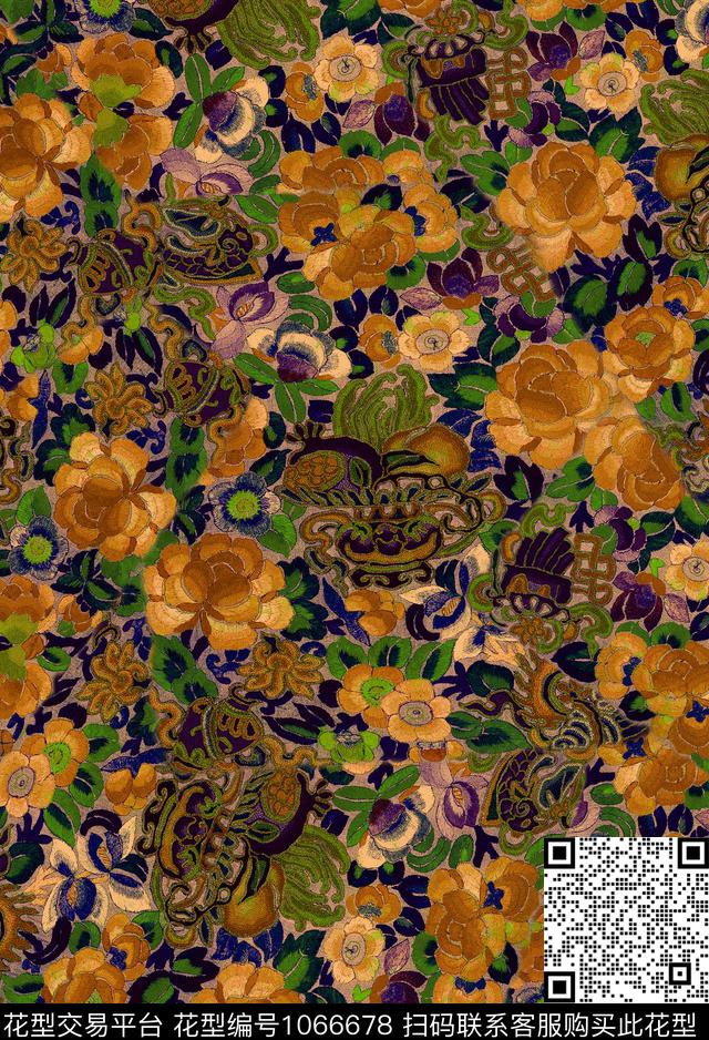 香云纱牡丹花卉数码印花华亿平台下载（图片编号: 1066678） - 瓦栏（Walan）
