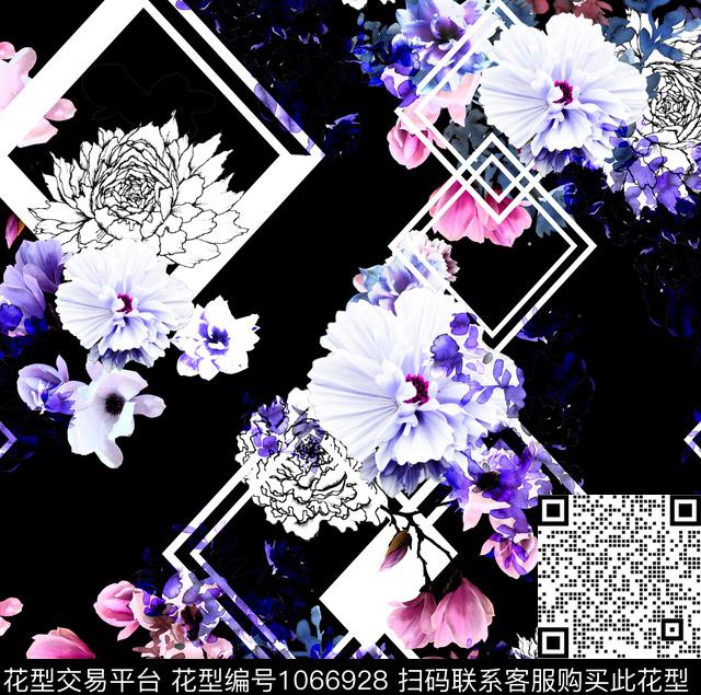 黑底花卉数码华亿平台春夏华亿平台数码印花华亿平台下载（图片编号: 1066928） - 瓦栏（Walan）