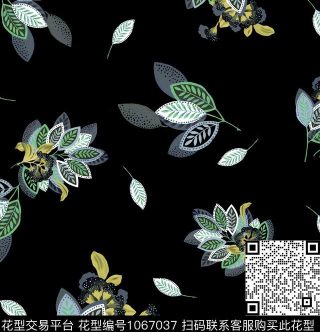黑底花卉春夏华亿平台花卉数码印花华亿平台下载（图片编号: 1067037） - 瓦栏（Walan）
