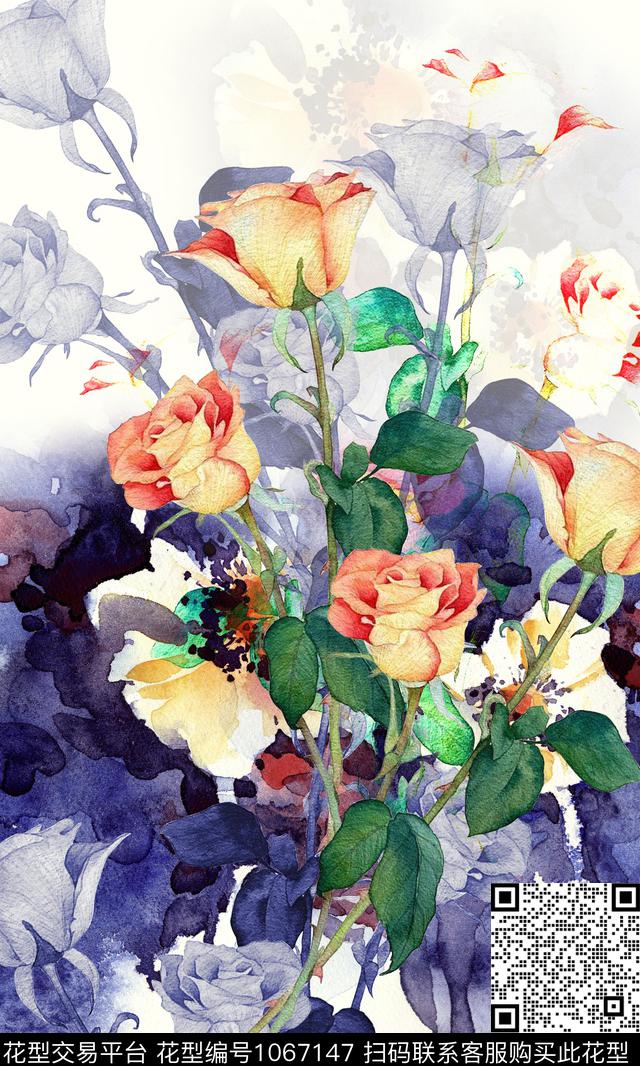 数码华亿平台手绘玫瑰定位花数码印花华亿平台下载（图片编号: 1067147） - 瓦栏（Walan）
