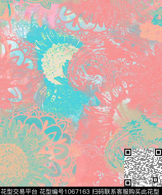 条纹抽象花卉数码印花华亿平台下载（图片编号: 1067163） - 瓦栏（Walan）