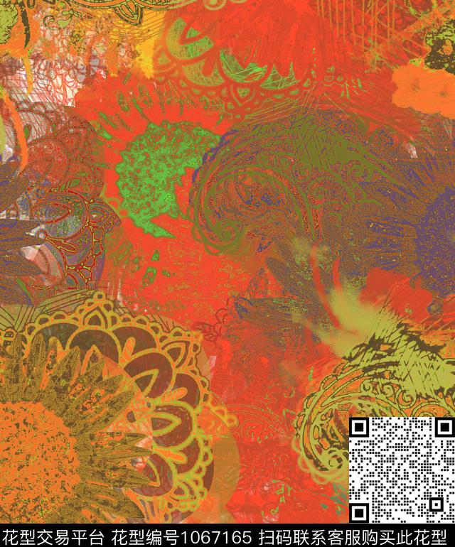 条纹抽象花卉数码印花华亿平台下载（图片编号: 1067165） - 瓦栏（Walan）