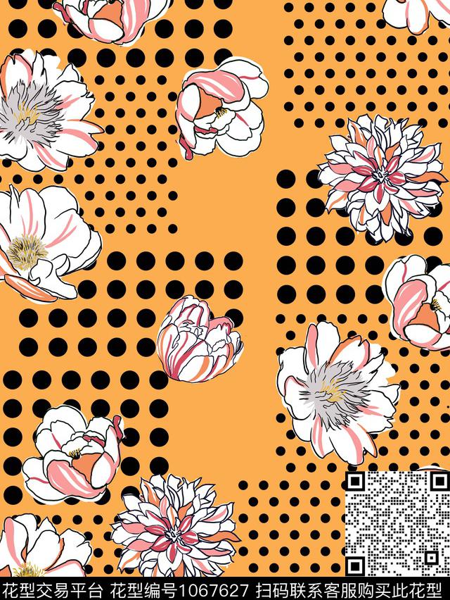 大花波点花卉传统印花华亿平台下载（图片编号: 1067627） - 瓦栏（Walan）