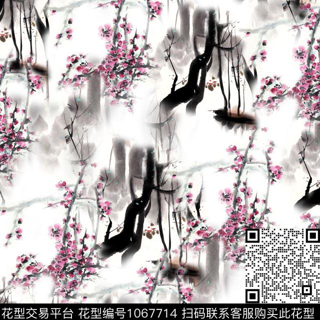 梅花手绘花卉水墨风数码印花华亿平台下载（图片编号: 1067714） - 瓦栏（Walan）