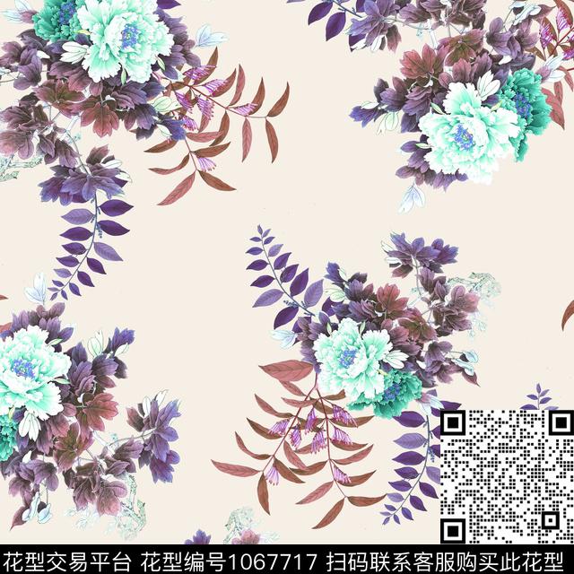 手绘花卉满版散花清爽底花卉数码印花华亿平台下载（图片编号: 1067717） - 瓦栏（Walan）
