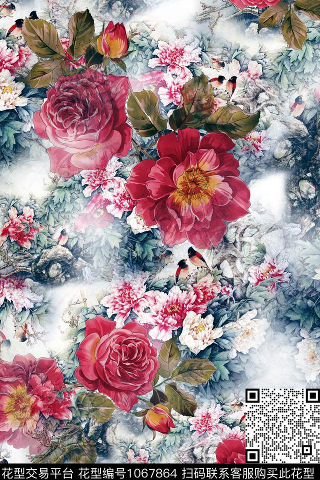中国风数码华亿平台水彩花卉数码印花华亿平台下载（图片编号: 1067864） - 瓦栏（Walan）