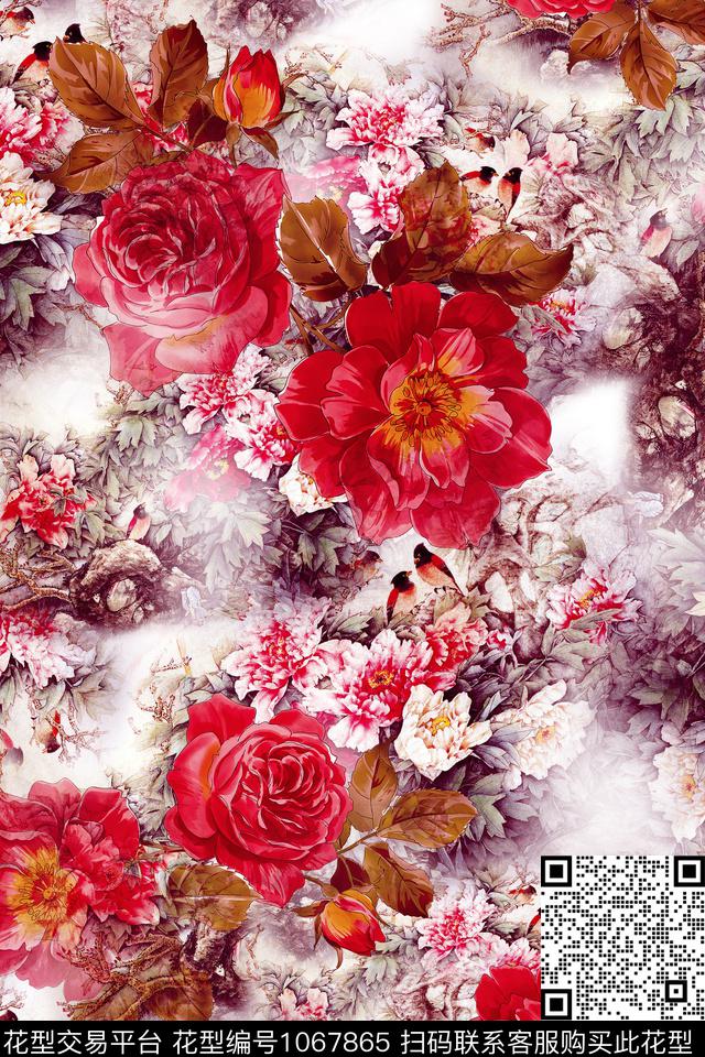 中国风数码华亿平台水彩花卉数码印花华亿平台下载（图片编号: 1067865） - 瓦栏（Walan）