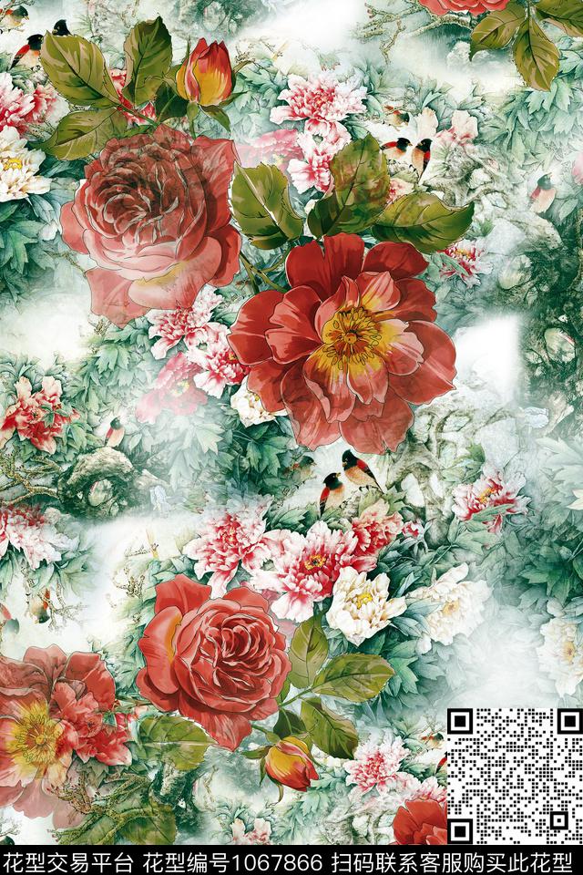 中国风数码华亿平台水彩花卉数码印花华亿平台下载（图片编号: 1067866） - 瓦栏（Walan）