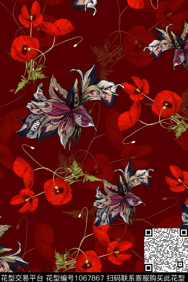 数码华亿平台水彩花卉花卉数码印花华亿平台下载（图片编号: 1067867） - 瓦栏（Walan）