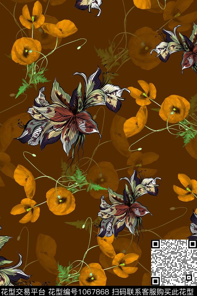 数码华亿平台水彩花卉花卉数码印花华亿平台下载（图片编号: 1067868） - 瓦栏（Walan）