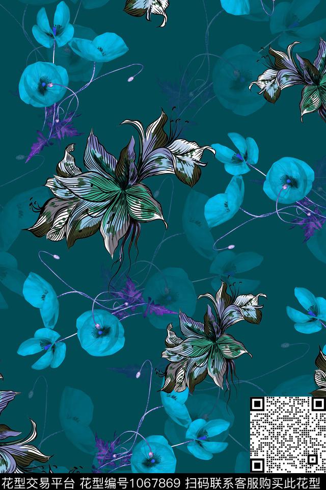 数码华亿平台水彩花卉花卉数码印花华亿平台下载（图片编号: 1067869） - 瓦栏（Walan）