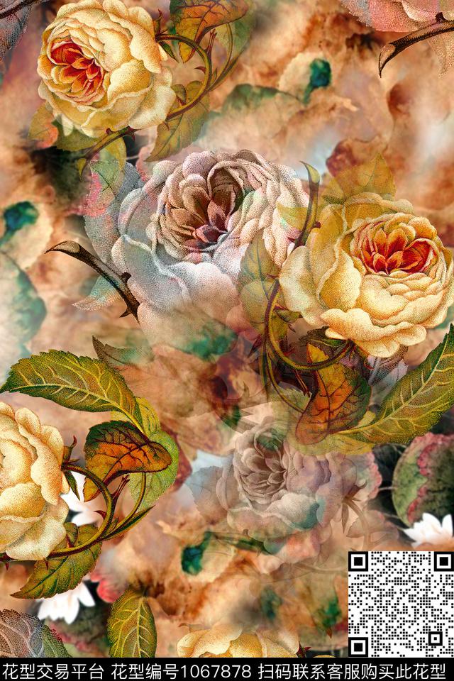 数码华亿平台花卉手绘大花数码印花华亿平台下载（图片编号: 1067878） - 瓦栏（Walan）